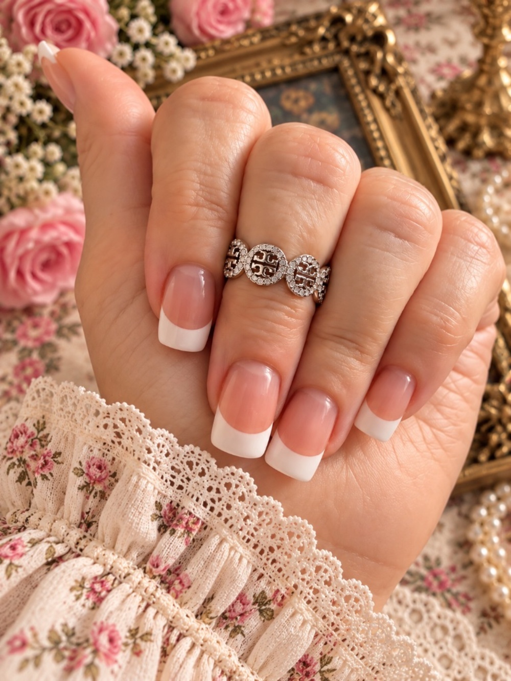 TORY BURCH • Silver Crystal Miller Logo Band Ring